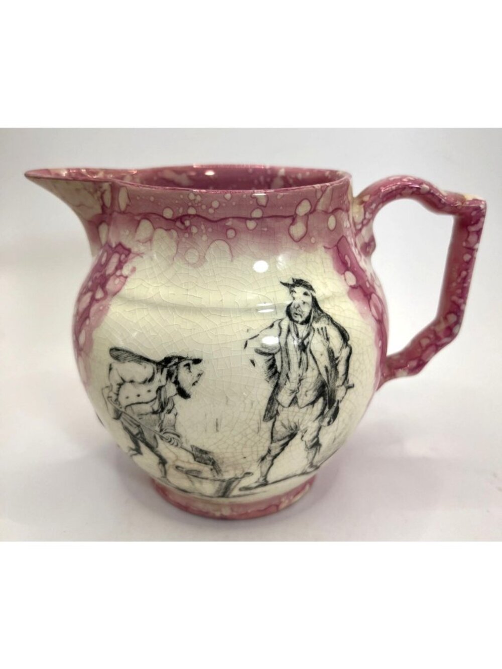 Gray Pottery English Cartoon Pitcher Pink Bubble Hand-Painted Vintage 1940s